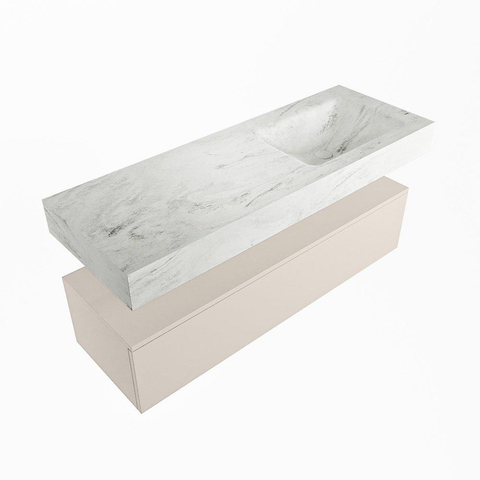 Mondiaz ALAN-DLUX Ensemble de meuble - 130cm - meuble Linen mat - 1 tiroir - Lavabo Cloud Opalo suspendu - vasque Droite - 0 trous de robinet SW806622