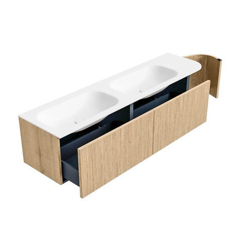 MONDIAZ KURVE Meuble de salle de bains 175 cm avec module 25 R couleur Oak avec 2 tiroirs et 1 porte. Lavabo BIG SMALL double / gauche 2 trous de robinet Talc. SW1138244
