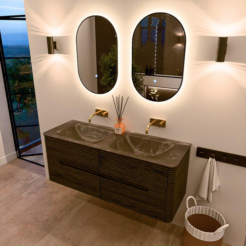 Mondiaz CIRO-DLUX Ensemble de meubles de salle de bains - 130x45x50cm - Lavabo solid surface Lava - 2 vasques double - sans trous de robinet - 4 tiroirs - Shadow SW1532275