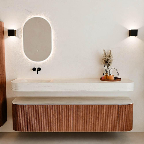 MONDIAZ THOR-DLUX Meuble de salle de bains 180cm arrondi gauche + droite couleur Ruby avec 2 tiroirs et 2 portes. Vasque suspendue CLOUD Gauche sans trou de robinet couleur Meli. SW1466178