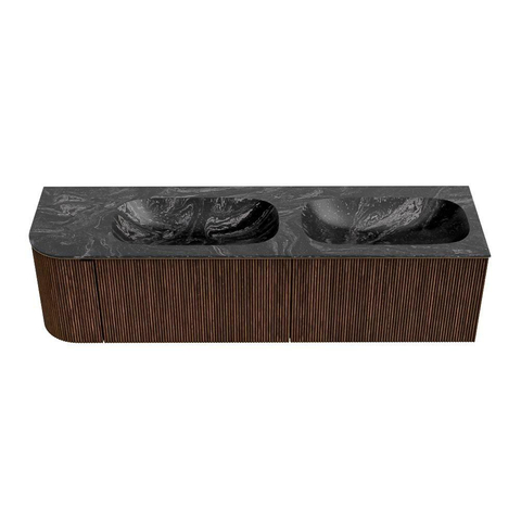 MONDIAZ KURVE-DLUX meuble de salle de bains 165 cm avec module 25 L couleur Walnut avec 2 tiroirs et 1 porte. Lavabo STOR SMALL double / droit 2 trous de robinetterie couleur Lava. SW1137277