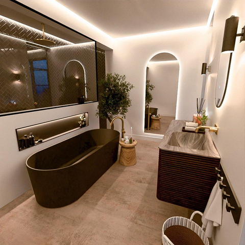 Mondiaz CIRO-DLUX Ensemble de meubles de salle de bains - 130x45x50cm - Plan-vasque en solid surface Sombra - 1 lavabo à droite - sans trous de robinetterie - 4 tiroirs - Noyer SW1530807