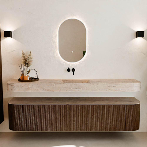 MONDIAZ THOR-DLUX 200cm meuble de salle de bains arrondi gauche + droite couleur Walnut avec 2 tiroirs et 2 portes. Vasque suspendue CLOUD Milieu sans trou de robinet couleur Saba. SW1467225