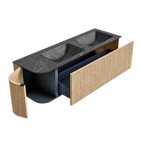 MONDIAZ KURVE-DLUX 145cm meuble de salle de bains avec module 25 L couleur Oak avec 1 tiroir et 1 porte. Lavabo LEAF double / à droite sans trou de robinet couleur Lava. SW1137163