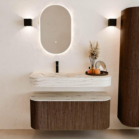 MONDIAZ THOR-DLUX 110cm badmeubel ronding links + rechts kleur Walnut met 1 lade en 2 deuren. Vrijhangende wastafel CLOUD Links 1 kraangat kleur Nata. SW1462993