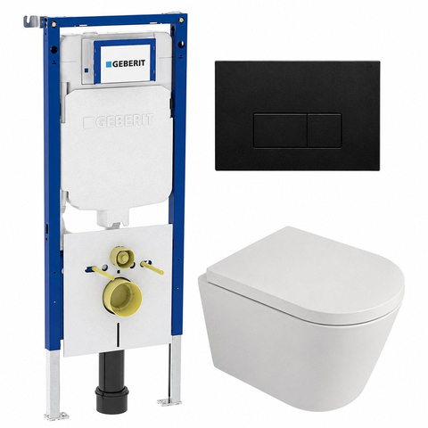 QeramiQ Dely Toiletset - 36.3x51.7cm - diepspoel - rimless - Geberit UP720 inbouwreservoir - softclose toilet zitting - 35mm - kunstof mat zwarte bedieningsplaat - rechthoekige knoppen - mat wit SW1428004