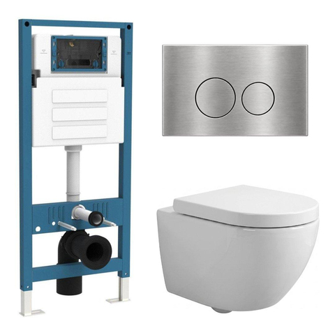 QeramiQ Dely Swirl Compact Toiletset - inbouwreservoir QeramiQ flush - 25mm zitting - metalen bedieningsplaat RVS - ronde knoppen - glans wit SW1590599