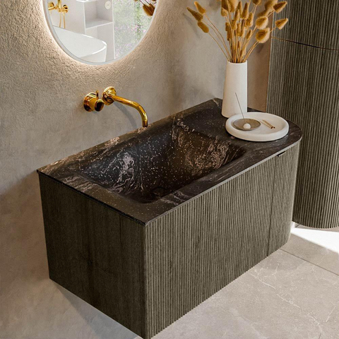 Mondiaz KURVE-DLUX Ensemble de meubles de salle de bains - 85x46x40cm - 1 tiroir - 1 porte - lavabo solid surface - gauche - sans trou de robinet - Shadow SW1414618