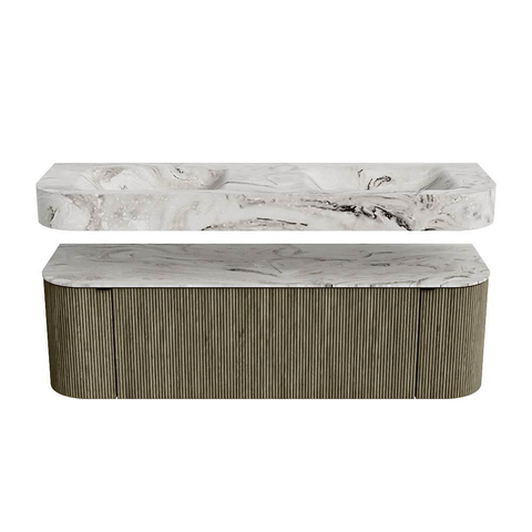MONDIAZ THOR-DLUX 150cm meuble de salle de bains arrondi gauche + droite couleur Shadow avec 1 tiroir et 2 portes. Vasque suspendue CLOUD Double 2 trous de robinet couleur Glace. SW1467672
