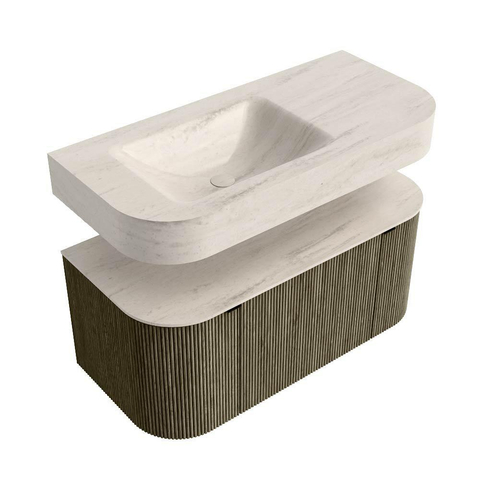 MONDIAZ THOR-DLUX 100cm meuble de salle de bains arrondi gauche + droite couleur Shadow avec 1 tiroir et 2 portes. Vasque suspendue CLOUD Gauche 1 trou de robinet couleur Meli. SW1467494