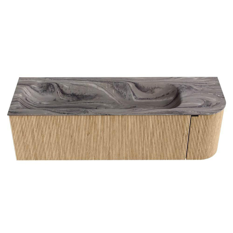 MONDIAZ KURVE-DLUX 145cm badmeubel ronding Rechts kleur Oak met 1 lade en 1 deur. Wastafel BIG LARGE Links zonder kraangat Sombra. SW1433571