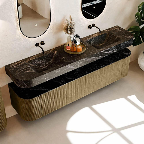MONDIAZ THOR-DLUX Meuble de salle de bains - 200cm - arrondi gauche + droite - couleur Dusk - 2 tiroirs - 2 portes - Vasque suspendue CLOUD Double sans trou de robinet - couleur Lava SW1466864