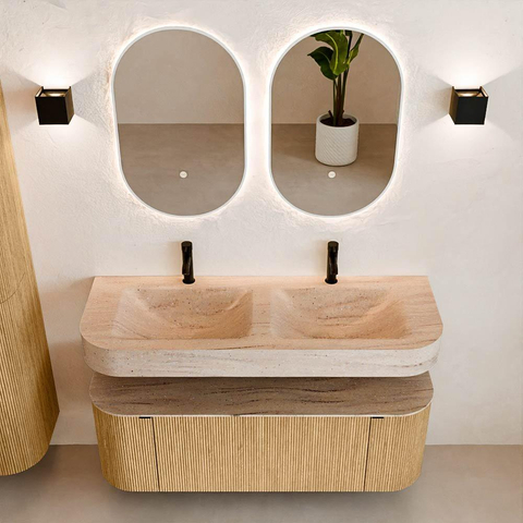 MONDIAZ THOR-DLUX 130cm badmeubel ronding links + rechts kleur Oak met 1 lade en 2 deuren. Vrijhangende wastafel CLOUD Dubbel 2 kraangaten kleur Saba. SW1464053