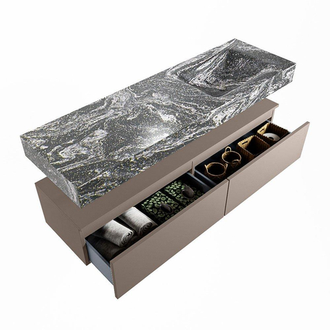 Mondiaz ALAN-DLUX Ensemble de meuble - 150cm - meuble Smoke mat - 2 tiroirs - Lavabo Cloud Lava suspendu - vasque Droite - 1 trou de robinet SW808160