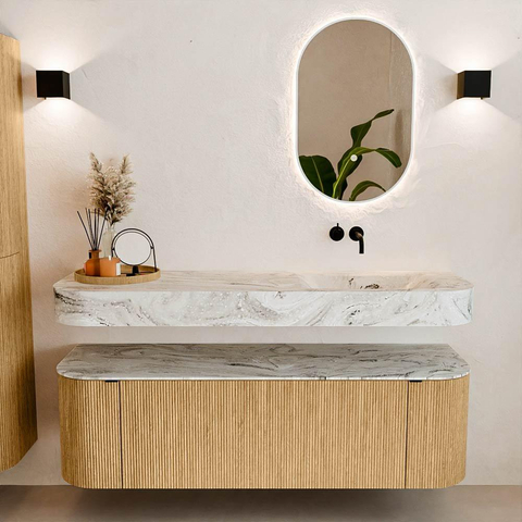 MONDIAZ THOR-DLUX 150cm badmeubel ronding links + rechts kleur Oak met 1 lade en 2 deuren. Vrijhangende wastafel CLOUD Rechts zonder kraangat kleur Glace. SW1464593