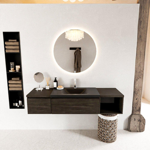 MONDIAZ BUKLA 160cm ensemble de meuble avec module ouvert 40 à droite couleur Marron Foncé avec 2 tiroirs. Lavabo CLOUD centre 1 trou de robinet couleur Urban. SW1382116