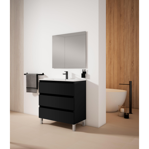 Saniclass Chaci PLUS Meuble de salle de bain - 80x86x46cm - lavabo en céramique blanc - 1 vasque - 1 trou de robinet - 3 tiroirs - miroir rectangulaire - noir mat SW926050