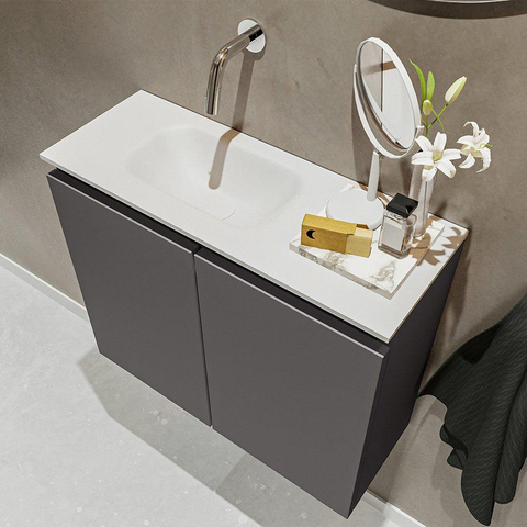 MONDIAZ TURE Fonteinset - 60x23x50cm - 0 kraangaten - 2 deuren - darkgrey mat - Wasbak links - Solid Surface Wit SW474927