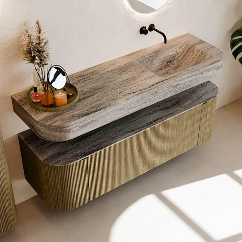 MONDIAZ THOR-DLUX 150cm meuble de salle de bains arrondi gauche + droite couleur Dusk avec 1 tiroir et 2 portes. Vasque suspendue CLOUD Droite sans trou de robinet couleur Oza. SW1464826