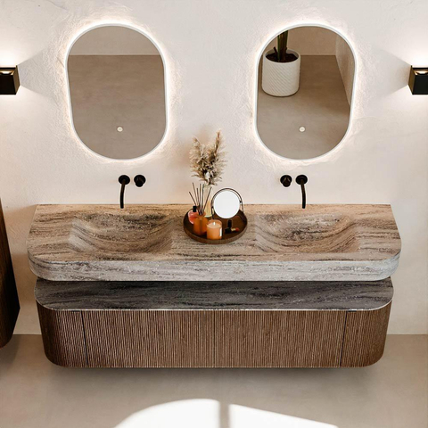 MONDIAZ THOR-DLUX 180cm badmeubel ronding links + rechts kleur Walnut met 2 lades en 2 deuren. Vrijhangende wastafel CLOUD Dubbel zonder kraangat kleur Oza. SW1466300