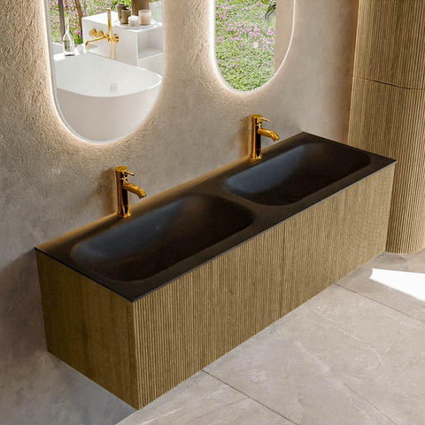 Mondiaz KURVE Ensemble de meuble de salle de bains - 140x46x40cm - 2 tiroirs - lavabo solid surface - double - 2 trous de robinet - Dusk SW1414849
