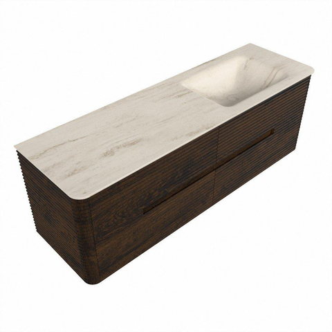 Mondiaz CIRO-DLUX Meuble de salle de bains - 150x45x50cm - Plan-vasque en solid surface Meli - 1 vasque à droite - 1 trou de robinetterie - 4 tiroirs - Noyer SW1530589