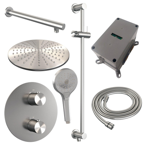 BRAUER Brushed Edition thermostatische Inbouw Regendouche - 3-weg - rond - set 92 - 30cm hoofddouche - rechte muurarm - 3-standen handdouche - doucheslang - geïntegreerde glijstang - RVS geborsteld PVD SW1159195