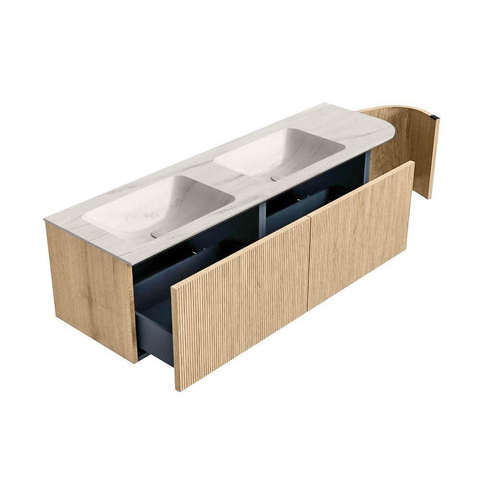 MONDIAZ KURVE-DLUX Meuble de salle de bains 155cm arrondi à droite couleur Chêne avec 2 tiroirs et 1 porte. Lavabo LEAF Double / Gauche sans trou de robinet Meli. SW1431660
