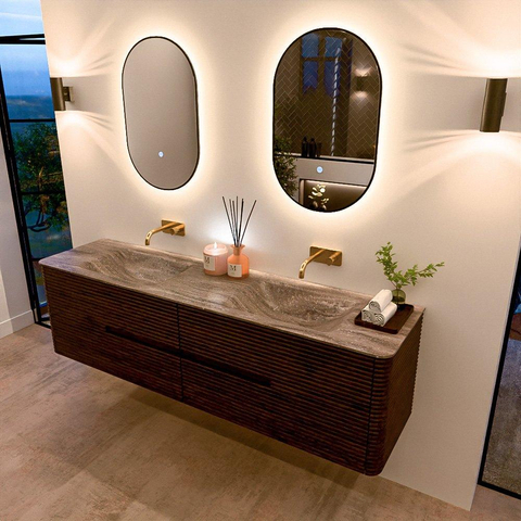 Mondiaz CIRO-DLUX Badkamermeubelset - 180x45x50cm - Solid surface wastafel Oza - 2 wasbak Dubbel - zonder kraangaten - 4 lades - Walnut SW1530652