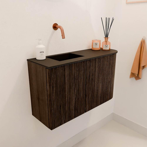Mondiaz JOYA 71.6cm toiletmeubel - ronding rechts kleur Walnut - Wastafel FAYE positie Links Zonder kraangat kleur Urban. SW1421391