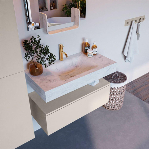 Mondiaz ALAN-DLUX Ensemble de meuble - 90cm - meuble Linen mat - 1 tiroir - Lavabo Cloud Opalo suspendu - vasque Centre - 1 trou de robinet SW806608