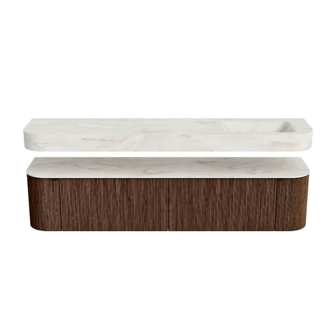 MONDIAZ THOR-DLUX 200cm meuble de salle de bains arrondi gauche + droite couleur Walnut avec 2 tiroirs et 2 portes. Vasque suspendue CLOUD droite sans trou de robinet couleur Ostra. SW1466830