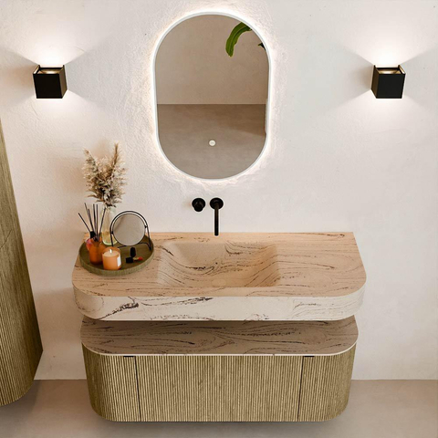 MONDIAZ THOR-DLUX 120cm meuble de salle de bains arrondi gauche + droite couleur Dusk avec 1 tiroir et 2 portes. Vasque suspendue CLOUD Milieu sans trou de robinet couleur Arena. SW1463386