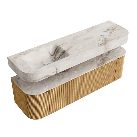 MONDIAZ THOR-DLUX 160cm badmeubel ronding links + rechts kleur Oak met 1 lade en 2 deuren. Vrijhangende wastafel CLOUD Links zonder kraangat kleur Frappe. SW1464957