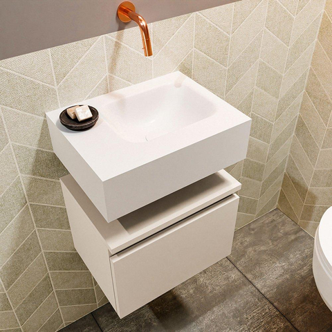 MONDIAZ ANDOR Toiletmeubel 40x30x30cm met 0 kraangaten 1 lades linen mat Wastafel Lex rechts Solid Surface Wit SW474164