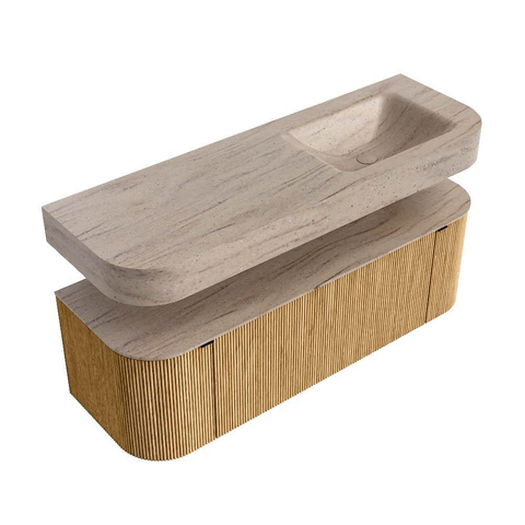 MONDIAZ THOR-DLUX 140cm badmeubel ronding links + rechts kleur Oak met 1 lade en 2 deuren. Vrijhangende wastafel CLOUD Rechts zonder kraangat kleur Saba. SW1464328