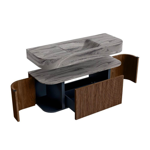 MONDIAZ THOR-DLUX 120cm meuble de salle de bains arrondi gauche + droite couleur Walnut avec 1 tiroir et 2 portes. Vasque suspendue CLOUD Milieu 1 trou de robinet couleur Sombra. SW1463710