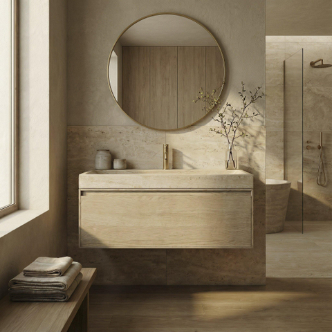 Forzalaqua Ibiza Ensemble meuble de salle de bains - 100x50x50cm - 1 tiroir - lavabo en travertin - 1 trou de robinet - jeu de supports - bouchen de vidage - smoke SW1476841