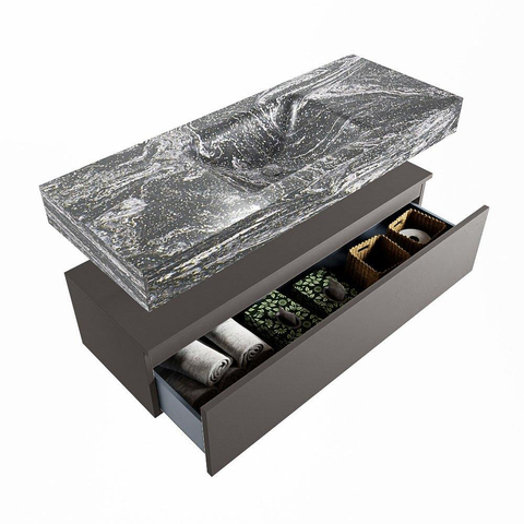 Mondiaz ALAN-DLUX Ensemble de meuble - 120cm - meuble Dark grey mat - 1 tiroir - Lavabo Cloud Lava suspendu - vasque Centre - 0 trous de robinet SW807990