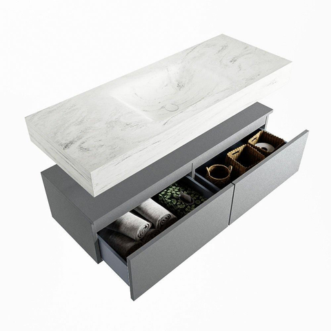 Mondiaz ALAN-DLUX Ensemble de meuble - 120cm - meuble Plata mat - 2 tiroirs - Lavabo Cloud Opalo suspendu - vasque Centre - 0 trous de robinet SW807038