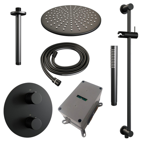 BRAUER Black Carving thermostatische Inbouw Regendouche - 3-weg - rond - set 90 - 30cm hoofddouche - plafondarm - staaf handdouche - doucheslang - geïntegreerde glijstang - mat zwart SW1159253