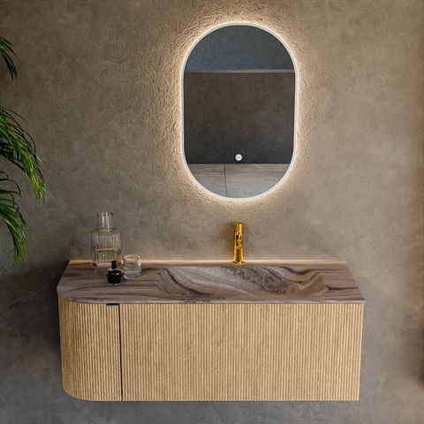 MONDIAZ KURVE-DLUX 115cm badmeubel ronding Links kleur Oak met 1 lade en 1 deur. Wastafel BIG SMALL Rechts 1 kraangat Sombra. SW1433560
