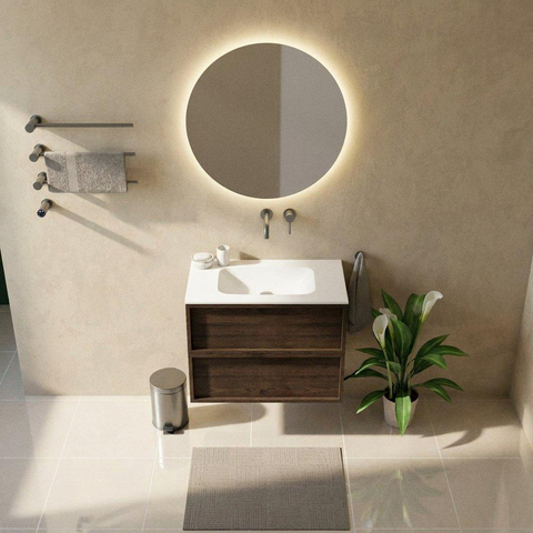 Saniclass Holz Frame Badkamermeubelset - 80x45x61.5cm - Flow solid surface wastafel wit - 1 wasbak - zonder kraangat - 2 lades - mat eiken charcoal (hout) SW1579769