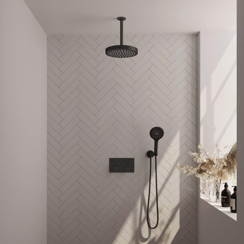 BRAUER Stripe Douche de tête thermostatique encastrée - boutons-poussoirs - SET 30 - pomme de douche 25cm - bras plafond - douchette 3 positions - flexible de douche - coude mural - noir mat SW1435157