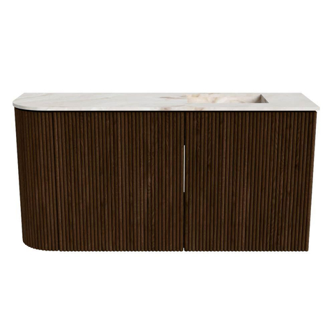 Mondiaz JOYA-DLUX Meuble de salle de bains - 81,6 cm - arrondi gauche couleur Walnut - Vasque FAYE position droite 1 trou de robinet couleur Frappe SW1422301