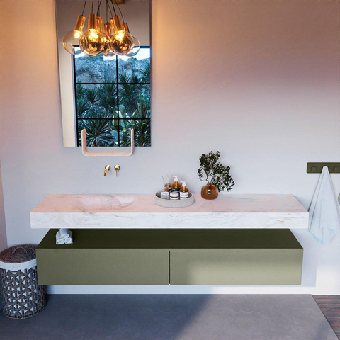 Mondiaz ALAN-DLUX Ensemble de meuble - 200cm - meuble - Army mat - 2 tiroirs - Lavabo Cloud Ostra suspendu - vasque gauche - 0 trous de robinet - Beige SW807778