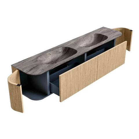 MONDIAZ KURVE-DLUX Meuble de salle de bains 200cm arrondi gauche + droite couleur Oak avec 2 tiroirs et 2 portes. Lavabo STOR SMALL Double sans trou de robinet Oza. SW1432688