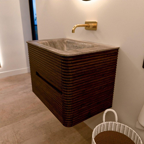 Mondiaz CIRO-DLUX Badkamermeubelset - 70x45x50cm - Solid surface wastafel Oza - 1 wasbak Midden - zonder kraangaten - 2 lades - Walnut SW1530609