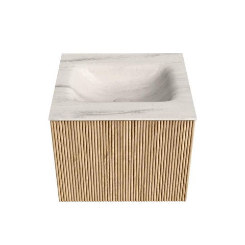 MONDIAZ KURVE-DLUX 50cm badmeubel kleur Oak met 1 lade en 0 deuren. Wastafel GRUNNE Midden 1 kraangat Meli. SW1431580