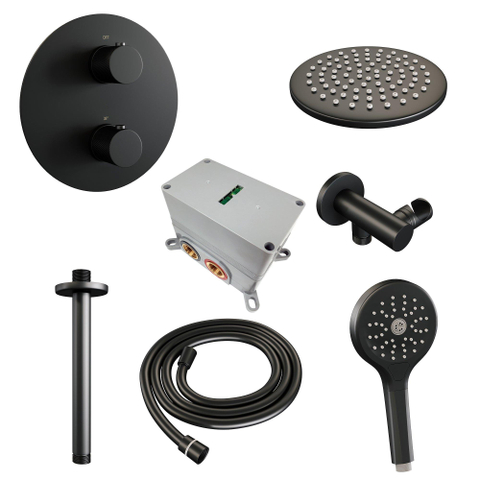 BRAUER Black Carving douche thermostatique encastrée - 3 voies - rond - ensemble 83 - douche principale de 20 cm - bras plafond - douchette à main 3 positions - flexible de douche - coude mural - noir mat SW1159223